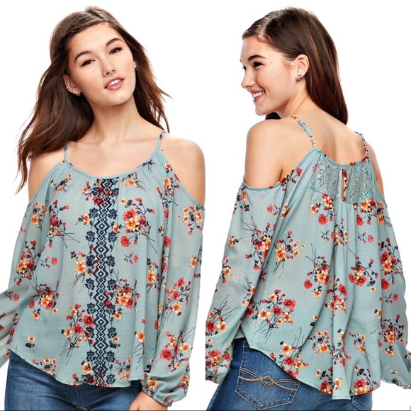 Rewind Tops - Rewind | Floral Embroidered Cold Shoulder Top SZ L